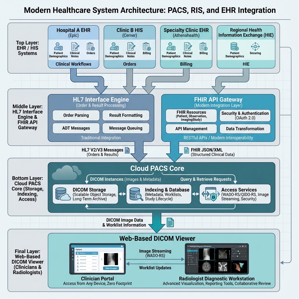 Cloud PACS integration architecture with HL7 and FHIR healthcare systems
